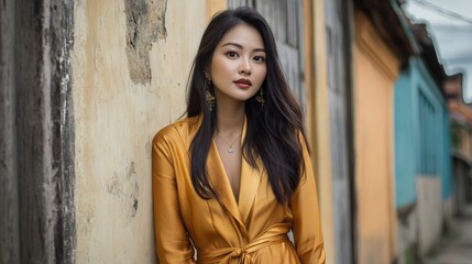 Naklejka premium Modern Laotian Woman in Silk Outfit Posing Against Urban Background
