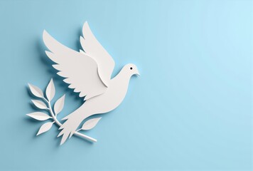 Fototapeta premium Three-Dimensional Paper Dove with Olive Branch on Light Blue Background