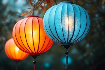 Obraz premium Illuminated paper lanterns hanging in a garden, soft focus. Potential use Asian festival celebration image, decorative background