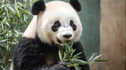 Fototapeta premium Panda eating bamboo zoo wildlife photography natural habitat close-up conservation awareness