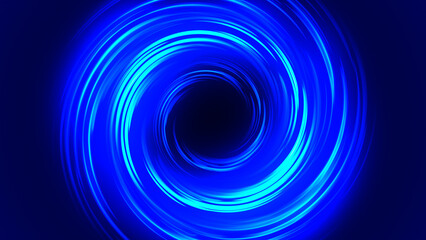 Bright blue led tunnel. Colorful effect of colored radial background. Abstract rounded background. Colored curves spirals and spheres. Multicolor gradient rings and circles. Funnel. 3D rendering.