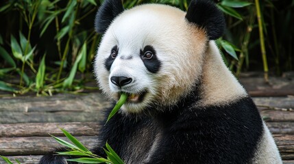 Obraz premium Panda eating bamboo nature reserve wildlife photography lush greenery close-up conservation awareness