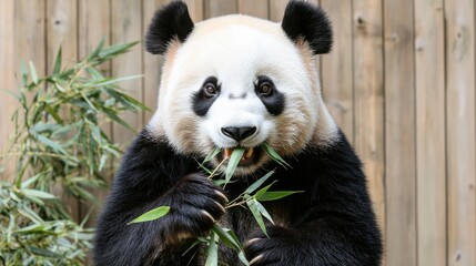 Fototapeta premium Panda eating bamboo zoo wildlife photography natural habitat close-up conservation awareness
