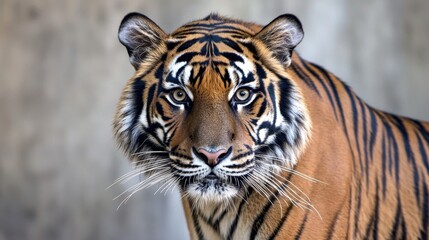 Obraz premium Majestic tiger staring intently wildlife sanctuary animal photography natural habitat close-up view captivating beauty