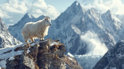 A mountain goat balances on a rocky ledge, surveying the stunning landscape of snow-capped peaks and valleys under a bright blue sky in the daytime
