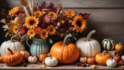 Vibrant Autumn Harvest with Colorful Pumpkins and Fall Flowers