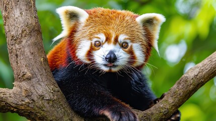 Obraz premium Red panda climbing a tree in a natural habitat wildlife photography lush green environment close-up viewpoint of endangered species