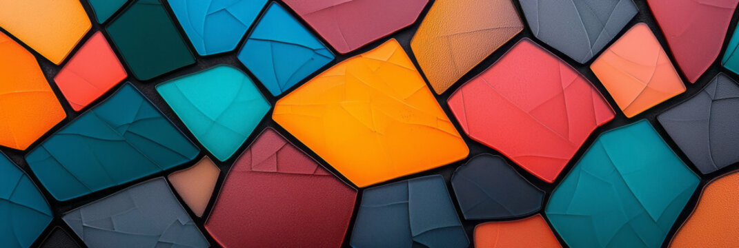 Angular pieces of vibrant glass in coral and teal, interlocked with slim black frames that add