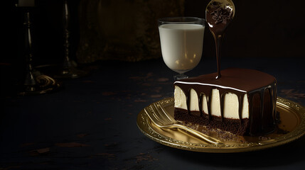 Chocolate cheesecake liquid chocolate pouring with large glass of  milk.