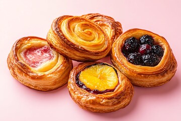 Danish pastries with assorted fruits on a pink background