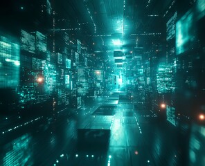 Obraz premium Digital cyberpunk cityscape with glowing cubes and neon grid