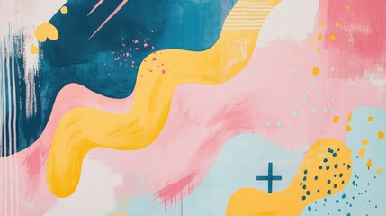 A vibrant abstract artwork featuring flowing shapes in bold colors of pink, blue, and yellow, creating a dynamic and playful visual experience.