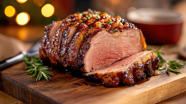 A beautifully roasted beef cut is sliced and presented on a wooden board. The meat exhibits a glistening glaze and is accompanied by aromatic herbs, creating a warm, inviting atmosphere