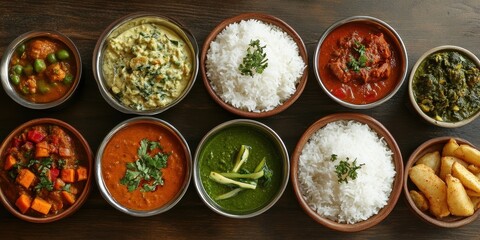 Delicious family-style fluffy white rice served with a vibrant array of colorful side dishes.