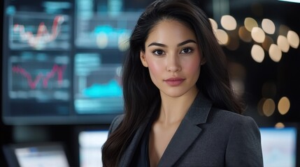 Obraz premium A businesswoman poses confidently in a sleek office environment during evening hours, surrounded by glowing screens displaying financial charts and data