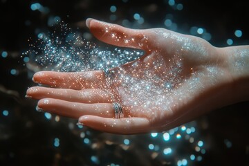 Fototapeta premium A hand adorned with glittering sparkles, emanating a magical, ethereal aura.