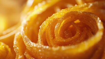 Close-up of intricate golden sugar rose crafted from fine strands, showcasing exquisite detail and a shimmering finish.