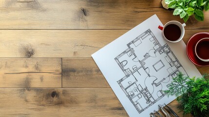 Architectural building plan or house engineering drawing in construction lies on the table.