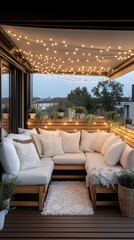 Fototapeta premium Cozy balcony with fairy lights and lush greenery creates a serene evening retreat in a modern urban setting. Generative AI