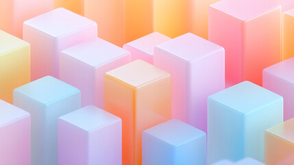 Isometric layout of candy-colored translucent cubes forming an abstract cityscape under gently
