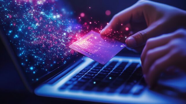 Young woman order or purchase product on internet using laptop and make transaction payment by smartphone. Online shopping lifestyle with credit card via internet banking on mobile application. Blithe