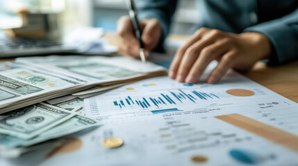 person analyzing financial charts and cash flow data with dollar bills on desk