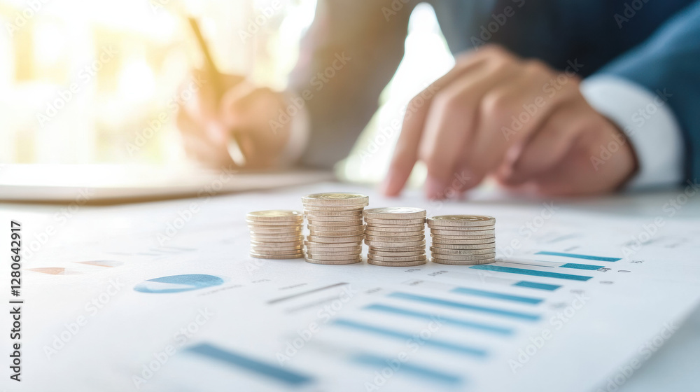 Poster Stacked coins on financial documents with person analyzing data in background