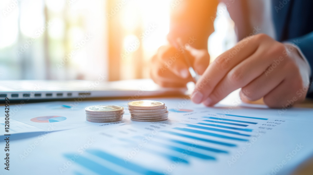 Poster businessman analyzing financial data with coins and charts on desk