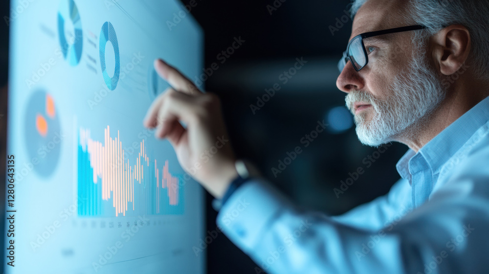 Poster senior businessman analyzing financial data on digital screen with focus and precision