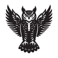 Great Horned Owl Bird Silhouette Vector Illustration, Solid White Background.