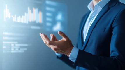 businessman presenting financial data with futuristic digital interface