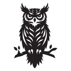 Great Horned Owl Bird Silhouette Vector Illustration, Solid White Background.