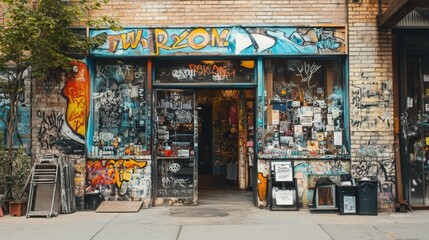 Naklejka premium Graffiti-Covered Urban Storefront