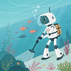 A cheerful cartoon robot joyfully holds a bucket filled with colorful fish, showcasing a playful and whimsical scene.