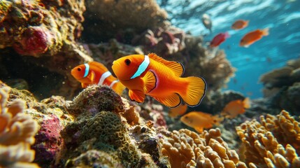Clownfish navigate through lush coral formations in a sunlit ocean, showcasing their bright orange colors against the vibrant marine life, creating a lively underwater experience