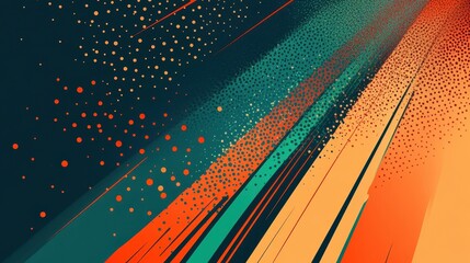 Vibrant abstract composition with dynamic lines and dots in teal, orange, and yellow hues, creating an energetic visual impact.