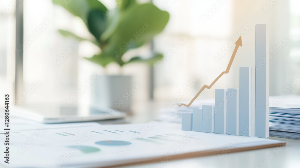 Poster rising bar graph on desk with financial documents and plant in background
