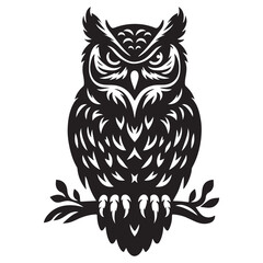 Great Horned Owl Bird Silhouette Vector Illustration, Solid White Background.