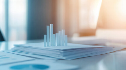 Stacked papers with bar graph model on desk in soft sunlight
