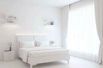 Modern minimalist bedroom with large white bed and view of trees