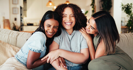 Smile, women and friends with hug, support or reunion for diversity or confidence in home. Relax, girls and happy people on couch for wellness and bonding for fun break, appreciation or communication