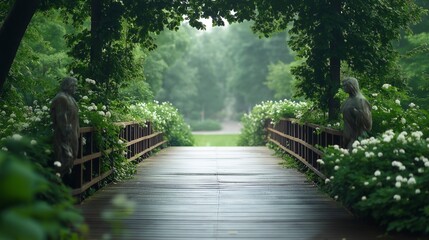 Obraz premium Quiet moments in a tranquil garden surrounded by lush greenery and serene sculptures at dawn. Generative AI