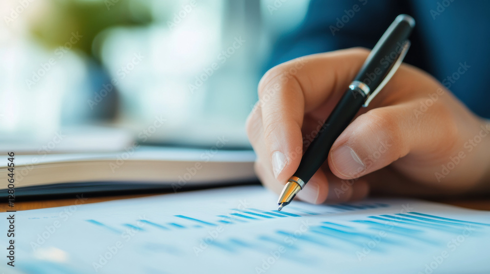 Poster close up of hand holding pen analyzing financial data on document