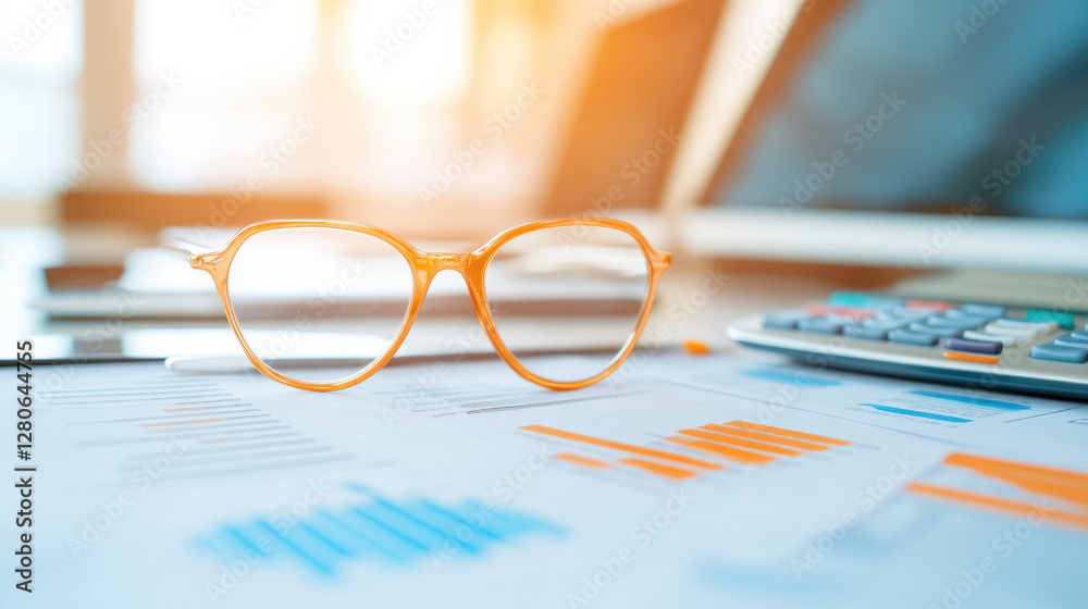 Poster glasses on financial documents with charts and calculator on desk