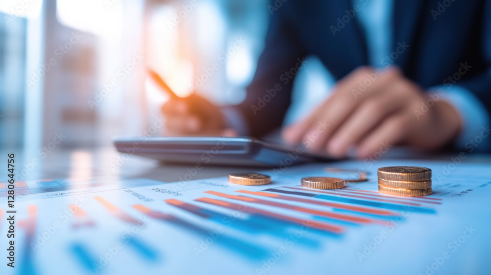 Poster businessman analyzing financial data with coins and charts on desk