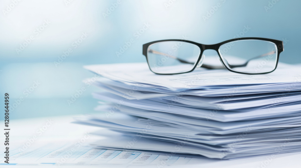 Poster stack of documents with glasses on top, symbolizing focus and productivity