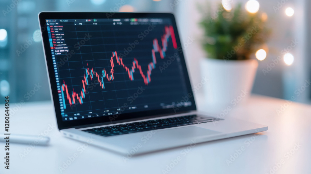 Poster laptop displaying stock market chart on desk with blurred plant in background