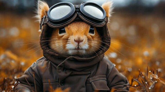 Small brown squirrel wearing goggles and a brown jacket. The squirrel is looking at the camera. The image has a playful and whimsical mood