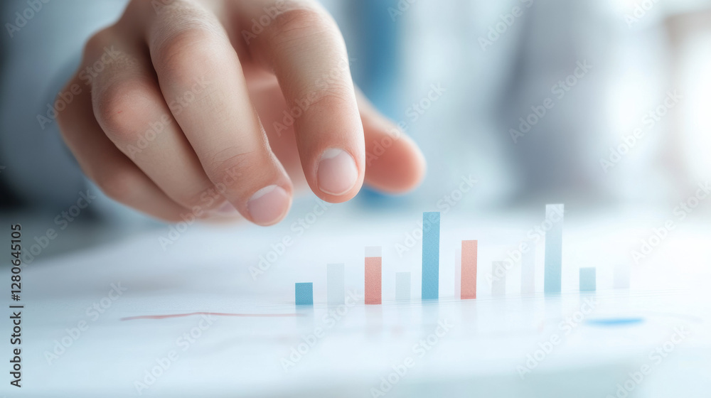 Poster hand analyzing financial bar chart with focus on growth and data trends