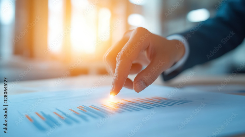 Poster hand pointing at financial chart with sunlight in business setting